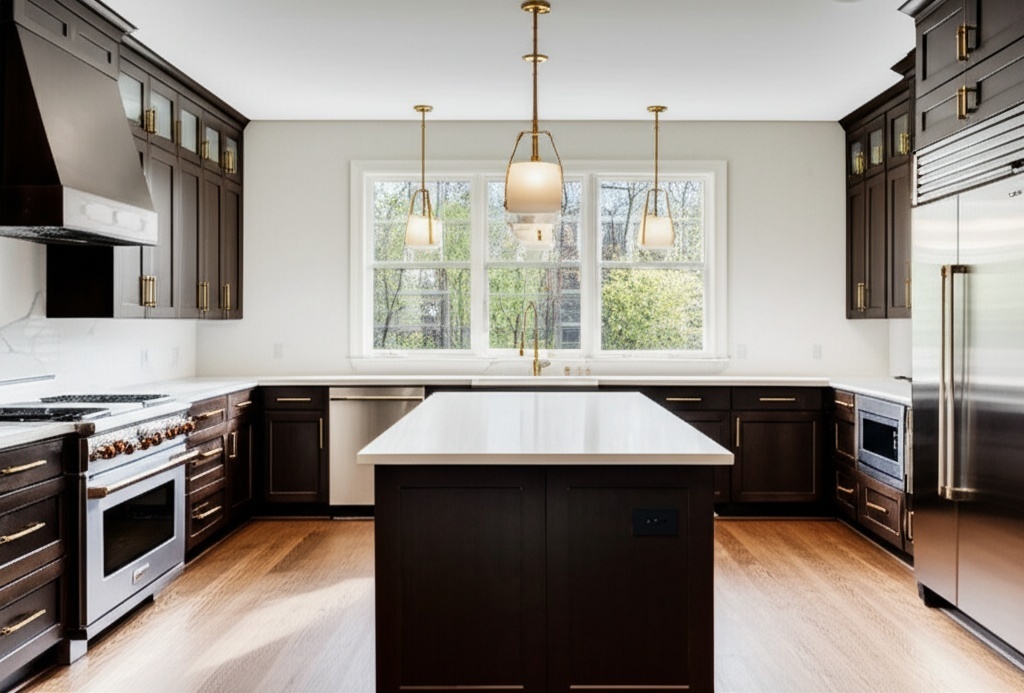 Luxurious modern kitchen remodel in Houston with white quartz countertops and gold hardware